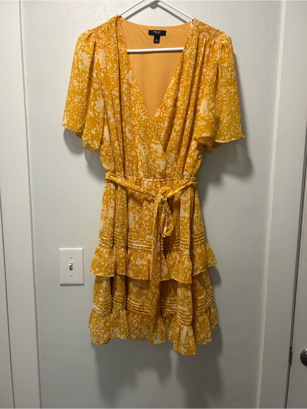 Simply Vera Vera Wang Yellow Printed Wrap Ruffle Mini Dress